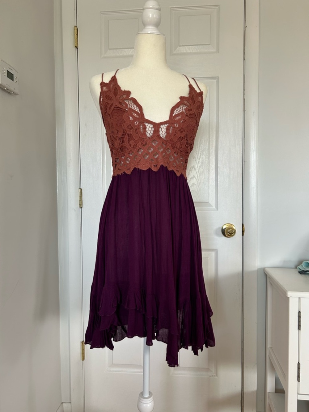 Free People Brown Lace Bodice Plum Skirt Spaghetti Strap Dress